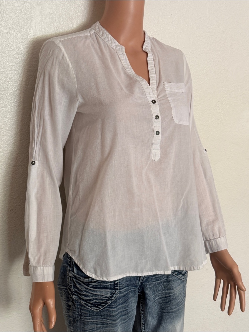 Vintage America Blues White 100% Cotton Henley Gauze Blouse sz XS